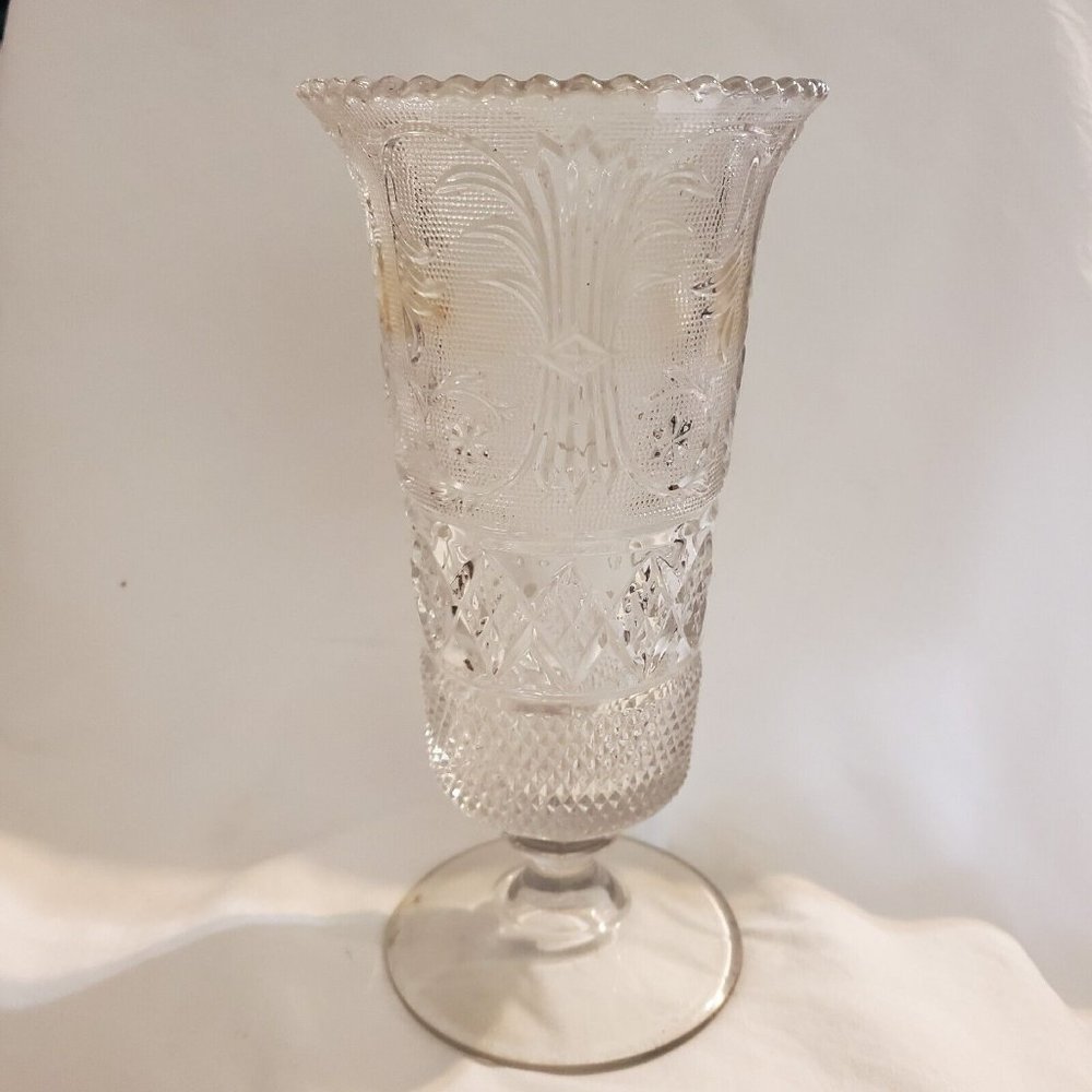 Duncan and Miller Footed Clear Glass Vase Sandwich Pattern Depression Vintage